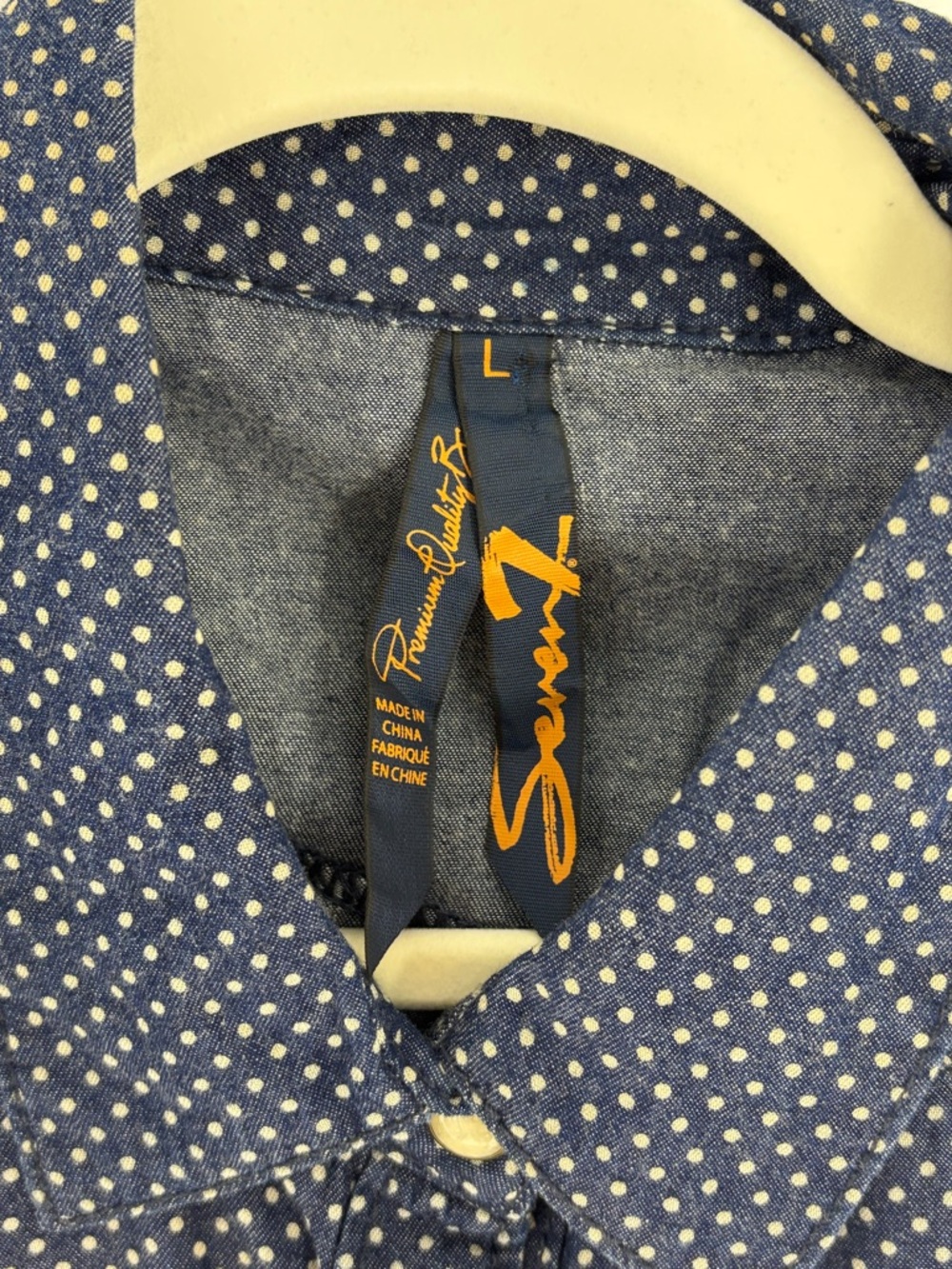 7 For All Mankind Blouse Women's Navy W/ White Polka Dot Western Button Down -L - Picture 7 of 7